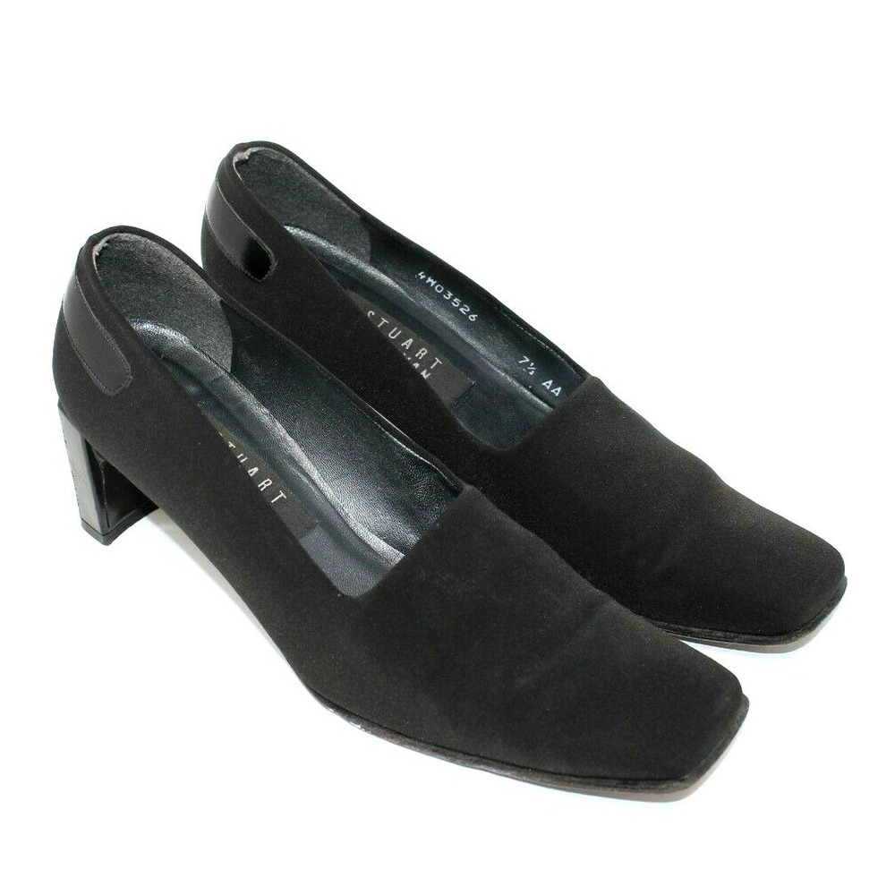 Stuart Weitzman Shoes Womens 7.5AA Textile Square Toe Black Block Heel